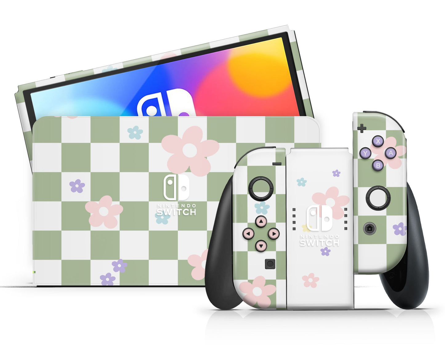 Danish Pastel Flower Green Nintendo Switch OLED Skin