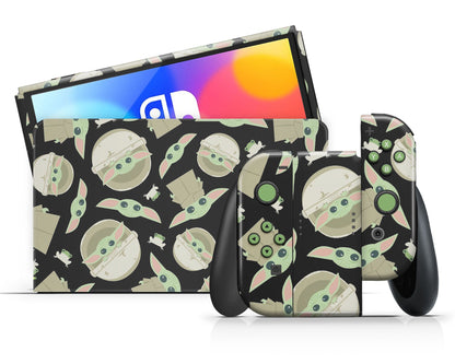 Lux Skins Nintendo Switch OLED Dark Baby Yoda Pattern Full Set +Tempered Glass Skins - Pop culture Star Wars Skin