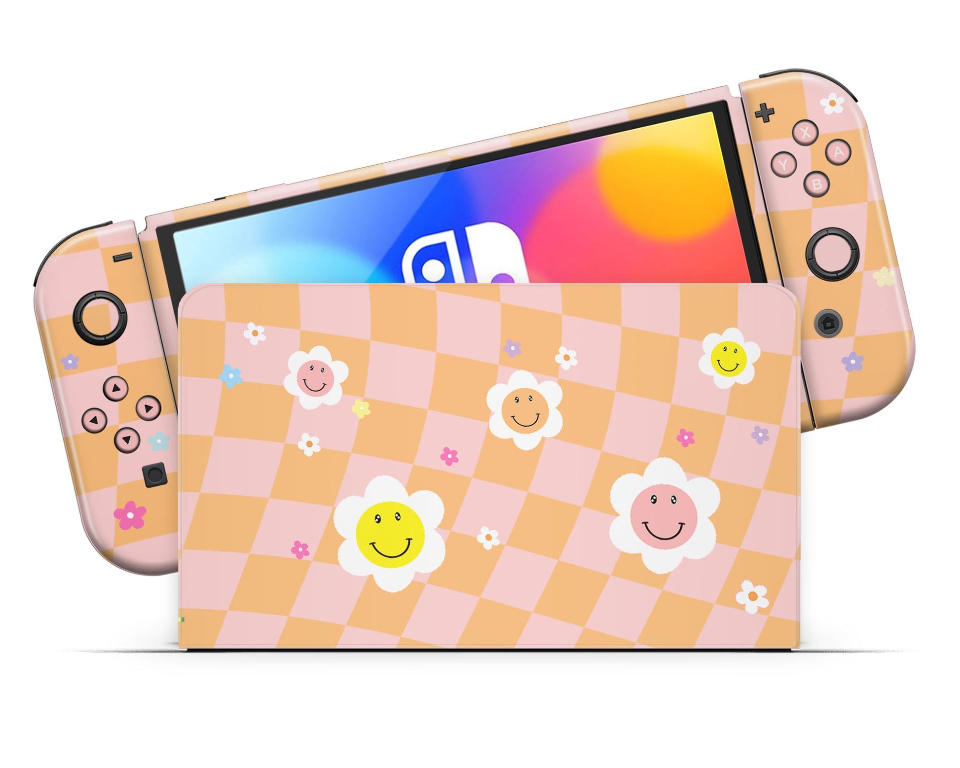 Lux Skins Nintendo Switch OLED Checkered Smiley Floral Nintendo logo Skins - Art Floral Skin