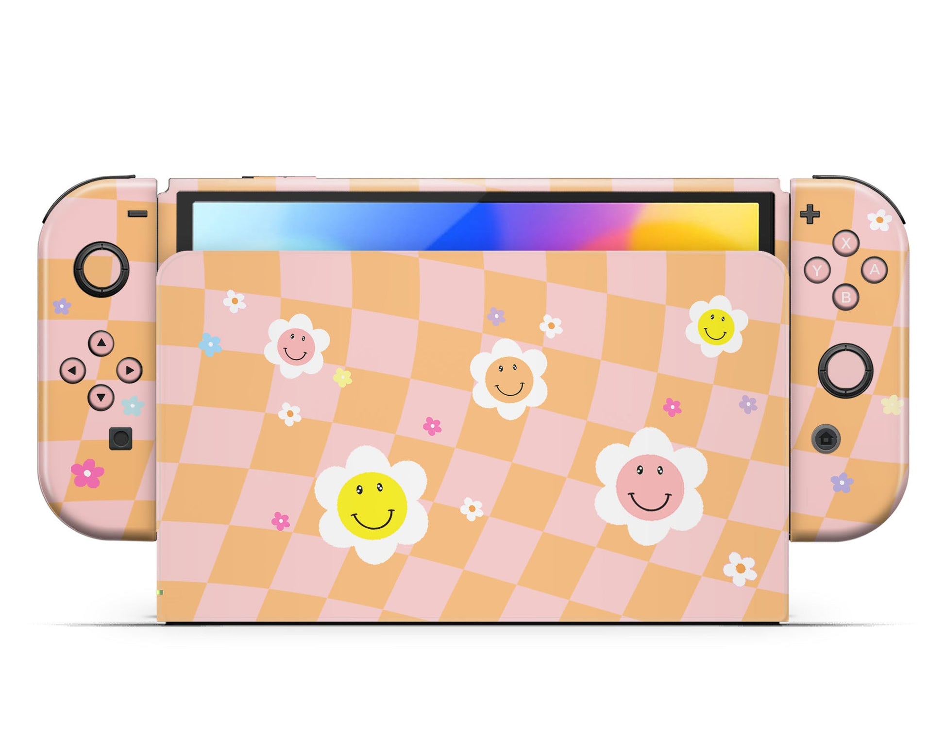 Lux Skins Nintendo Switch OLED Checkered Smiley Floral Hearts logo Skins - Art Floral Skin