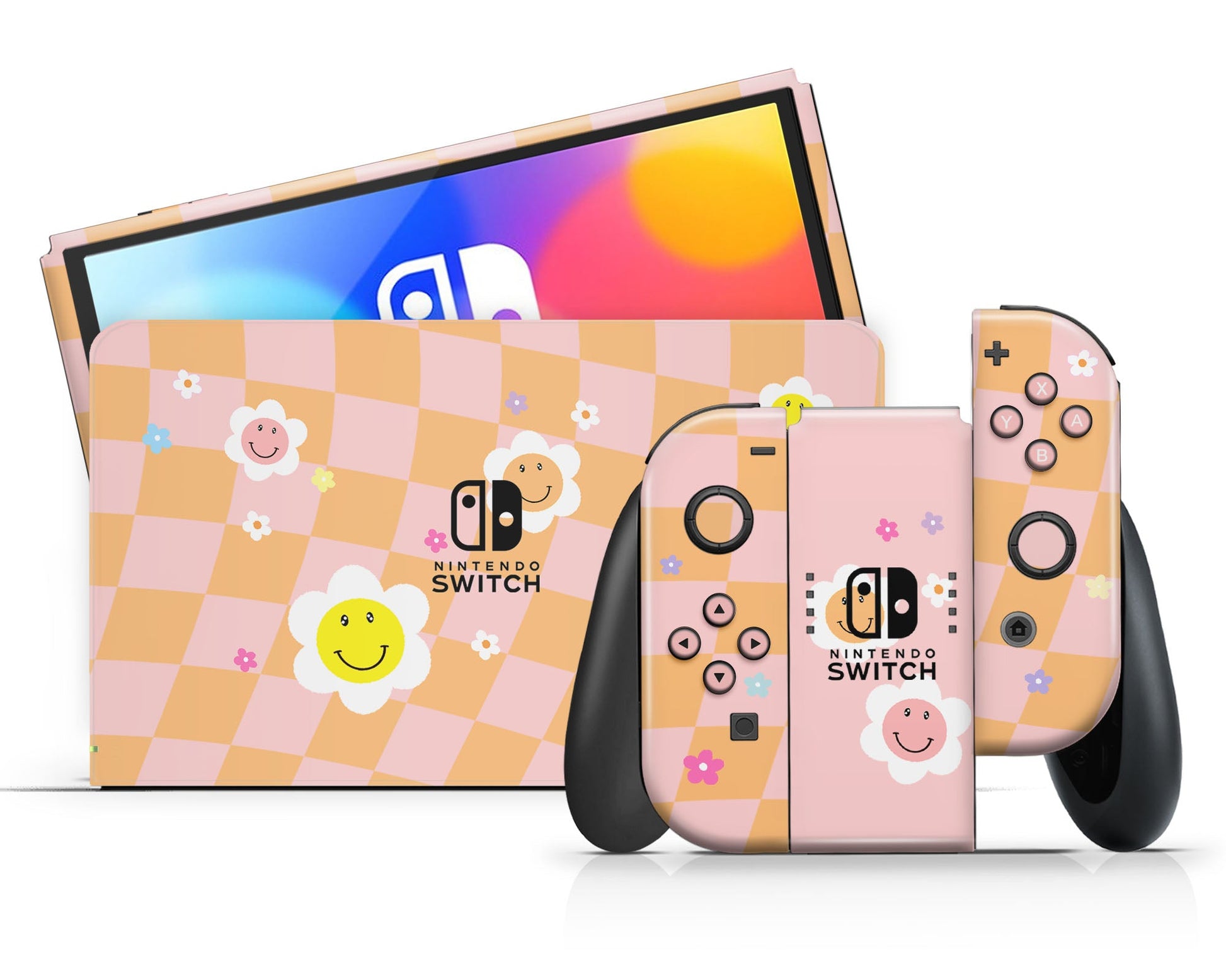 Lux Skins Nintendo Switch OLED Checkered Smiley Floral Classic no logo Skins - Art Floral Skin