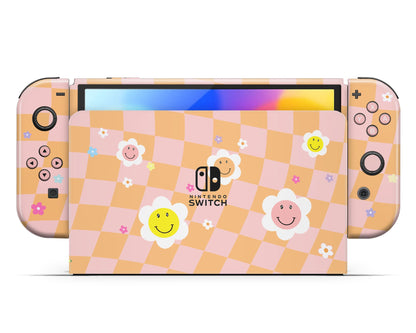 Lux Skins Nintendo Switch OLED Checkered Smiley Floral Hearts logo Skins - Art Floral Skin