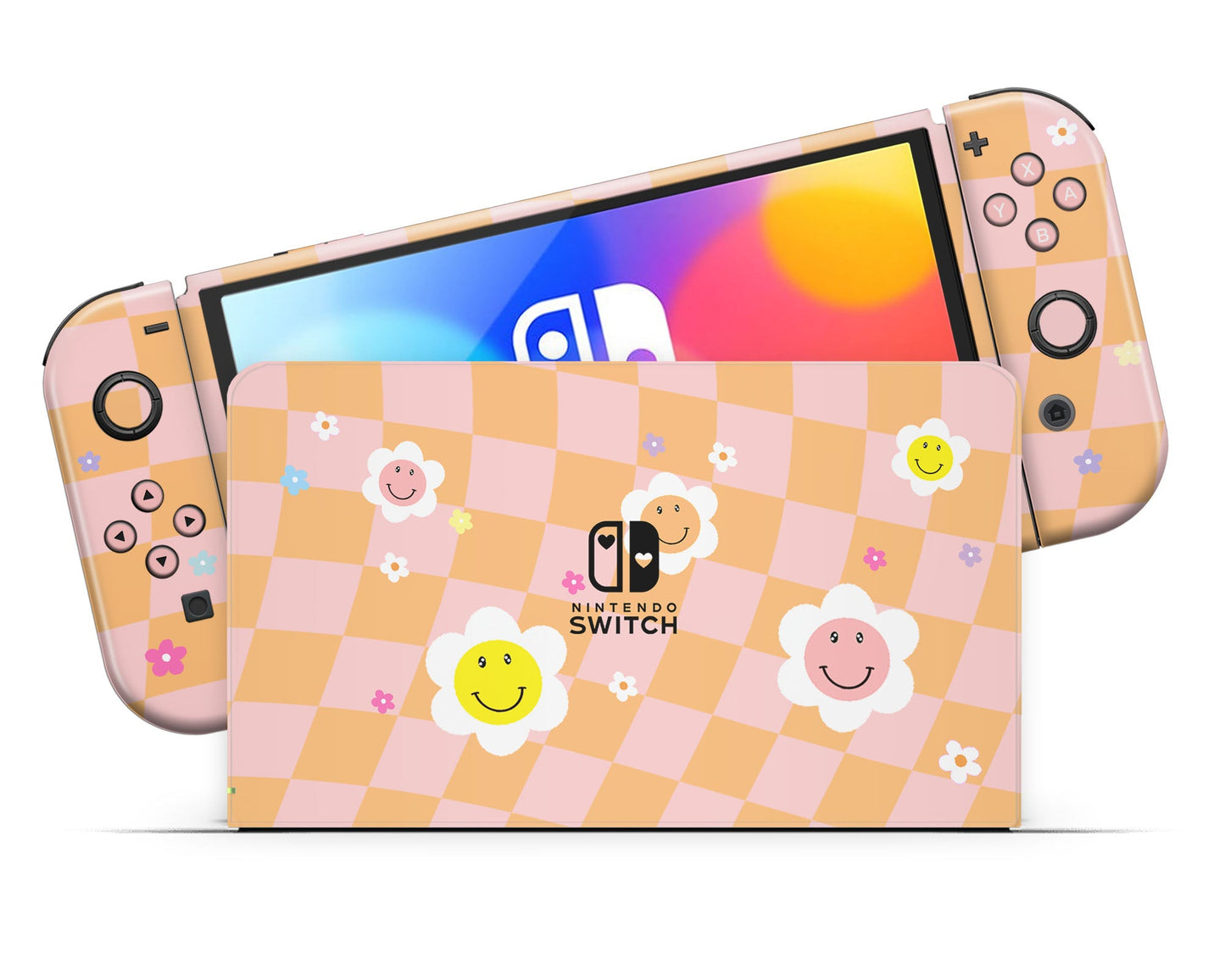 Lux Skins Nintendo Switch OLED Checkered Smiley Floral Classic no logo Skins - Art Floral Skin