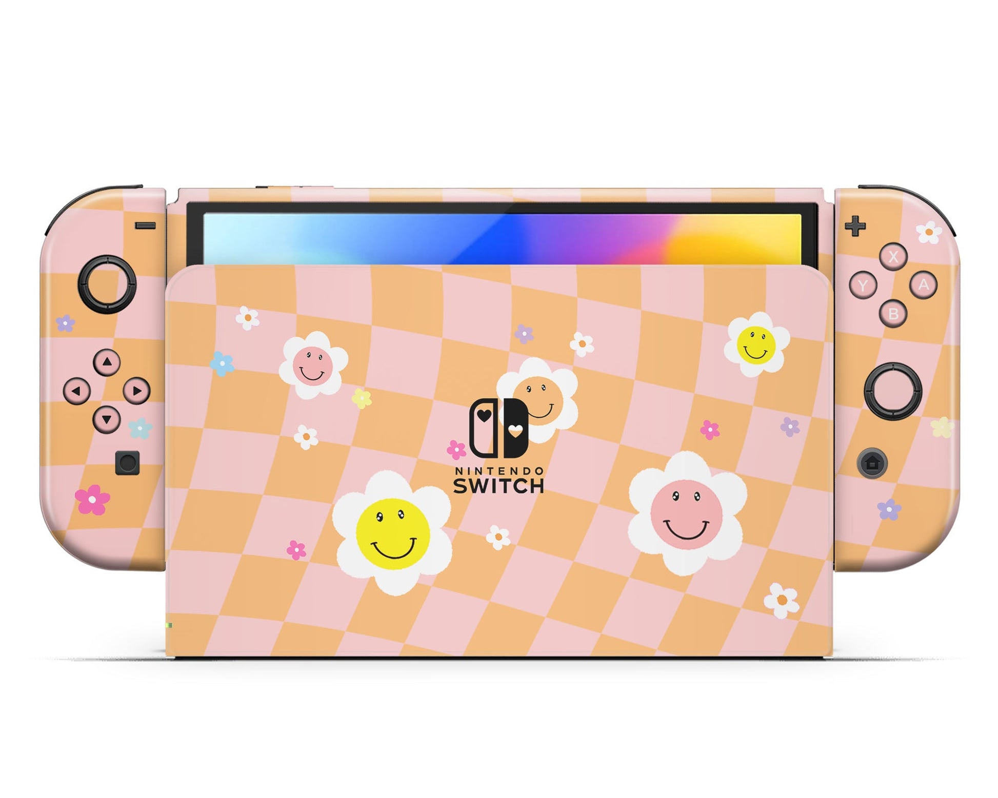 Lux Skins Nintendo Switch OLED Checkered Smiley Floral Nintendo logo Skins - Art Floral Skin