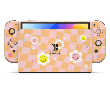 Lux Skins Nintendo Switch OLED Checkered Smiley Floral Nintendo logo Skins - Art Floral Skin