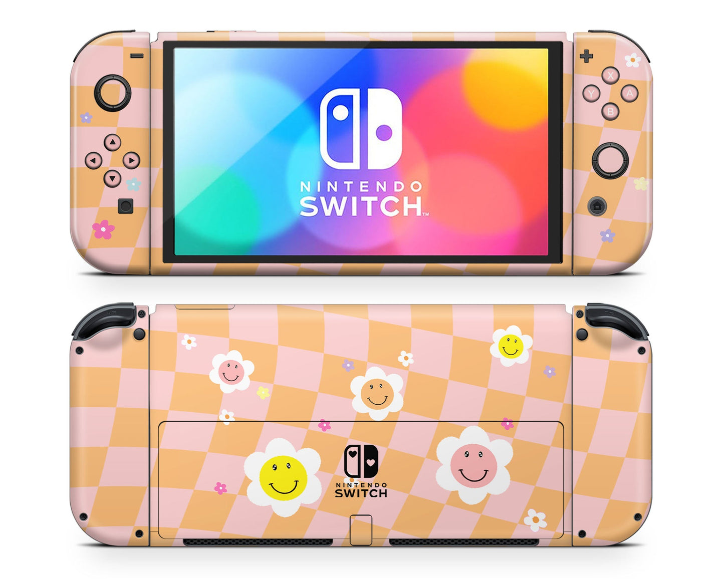 Lux Skins Nintendo Switch OLED Checkered Smiley Floral Hearts logo Skins - Art Floral Skin