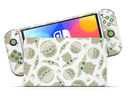 Lux Skins Nintendo Switch OLED Green Baby Yoda Pattern Full Set Skins - Pop culture Star Wars Skin