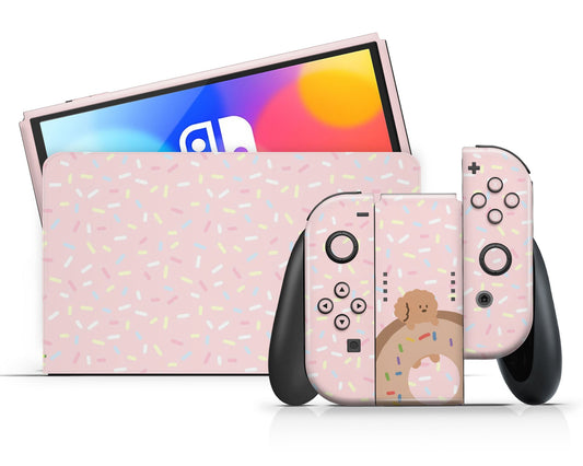 Lux Skins Nintendo Switch OLED Sweet Donut Puppy Full Set +Tempered Glass Skins - Art Animals Skin