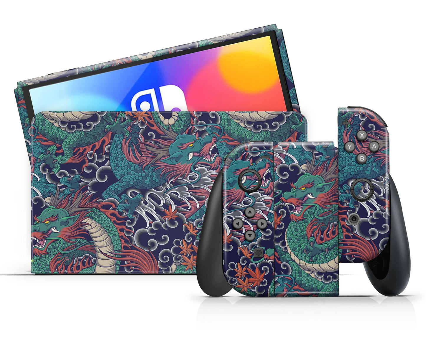 Lux Skins Nintendo Switch OLED Dragon Time Pattern Full Set +Tempered Glass Skins - Art Artwork Skin