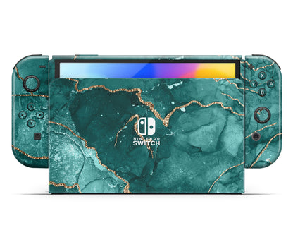 Lux Skins Nintendo Switch OLED Ethereal Green Marble Hearts logo Skins - Pattern Marble Skin