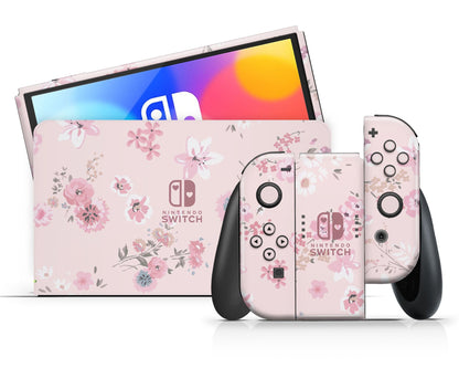 Lux Skins Nintendo Switch OLED Pretty Pink Flowers Nintendo logo Skins - Art Floral Skin