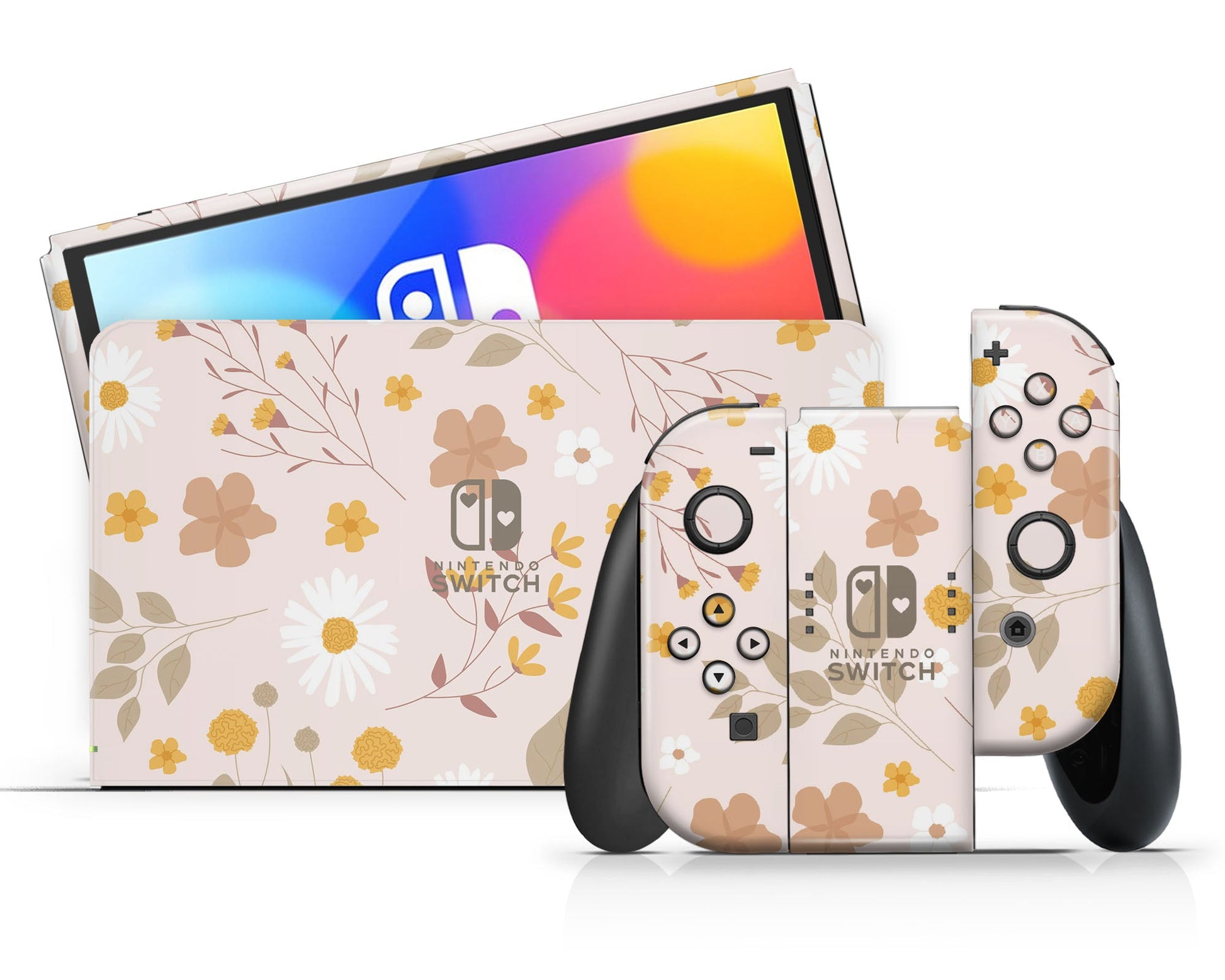 Lux Skins Nintendo Switch OLED Beige Pressed Flowers Nintendo logo Skins - Art Floral Skin