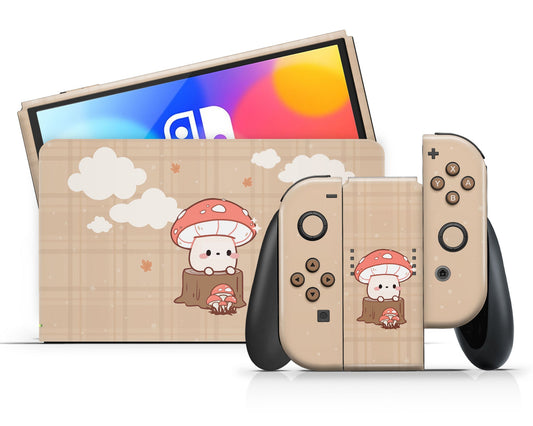 Lux Skins Nintendo Switch OLED Brown Mushroom Cutie Full Set +Tempered Glass Skins - Art Floral Skin