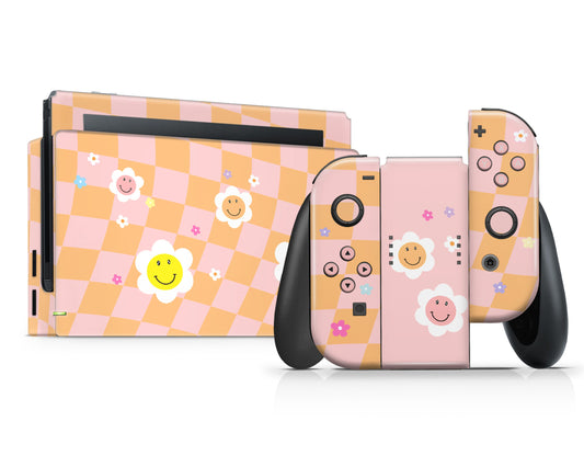 Checkered Smiley Floral Nintendo Switch Skin