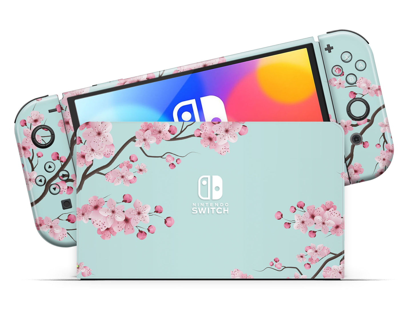 Cherry Blossom Teal Mint Nintendo Switch OLED Skin