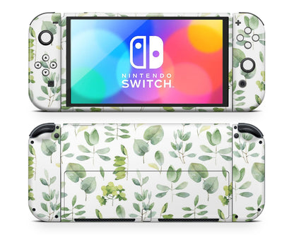 Lux Skins Nintendo Switch OLED Watercolor Green Leaf Pattern Full Set Skins - Art Artwork Skin