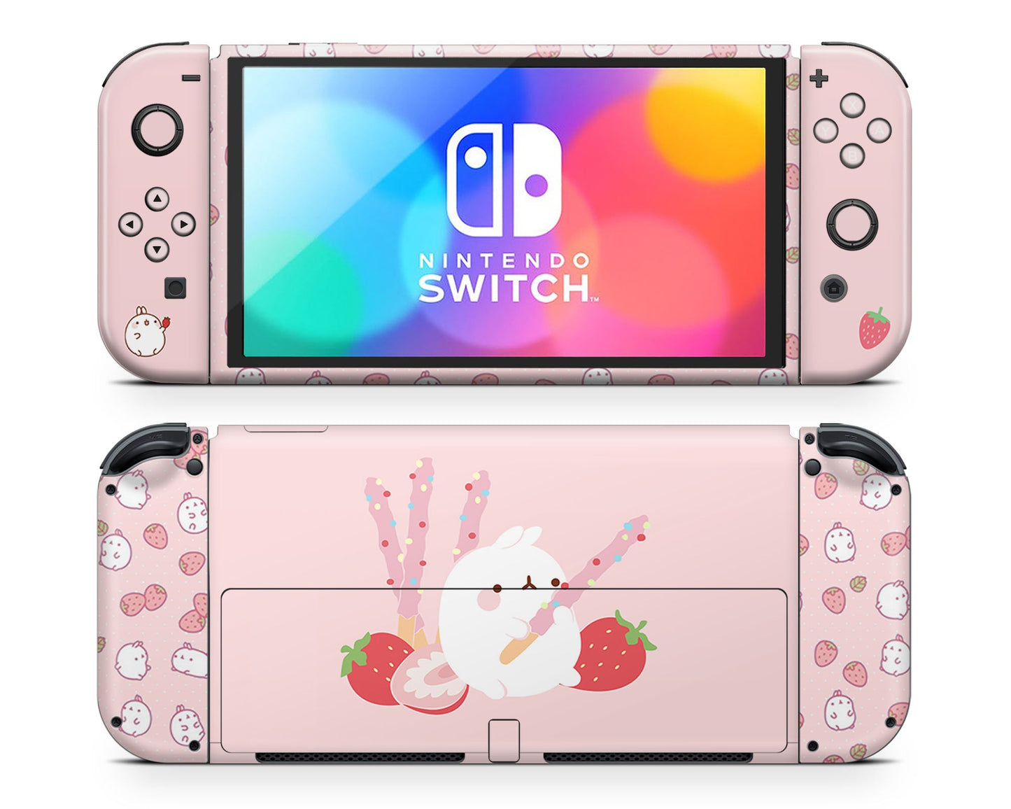 Lux Skins Nintendo Switch OLED Pink Pastel Molang Bunny Rabbit Full Set Skins - Pop culture Molang Skin