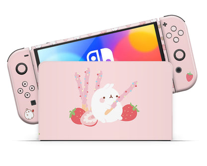 Lux Skins Nintendo Switch OLED Pink Pastel Molang Bunny Rabbit Full Set Skins - Pop culture Molang Skin