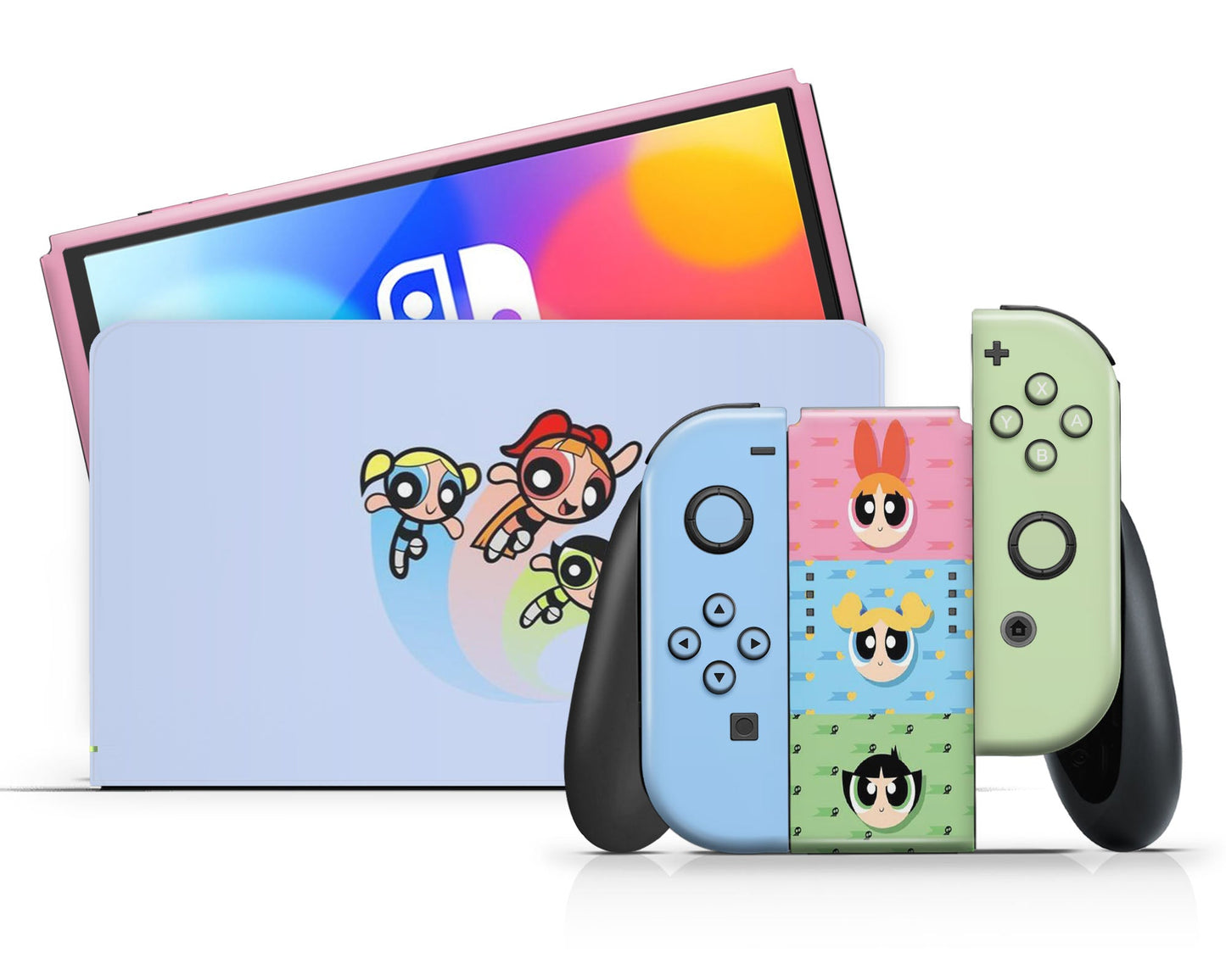 Lux Skins Nintendo Switch OLED Powerpuff Girls Pastel Blue Full Set Skins - Pop culture Powerpuff Girls Skin