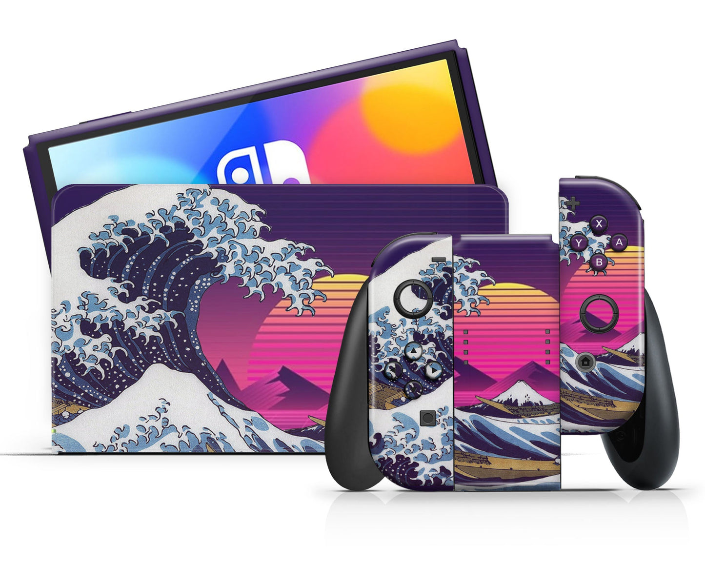 Lux Skins Nintendo Switch OLED Great Wave off Kanagawa Pink Retrowave Full Set Skins - Art Artwork Skin