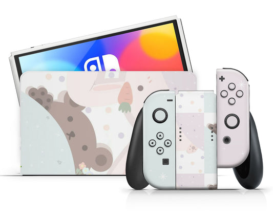 Lux Skins Nintendo Switch OLED Bunny Rabbit Meets Bear Full Set Skins - Art Animals Skin