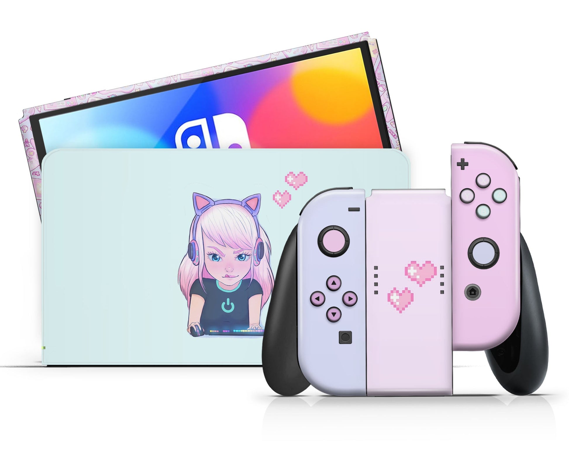 Lux Skins Nintendo Switch OLED Gamer Girl Mint Pastels Full Set Skins - Art Cute Skin