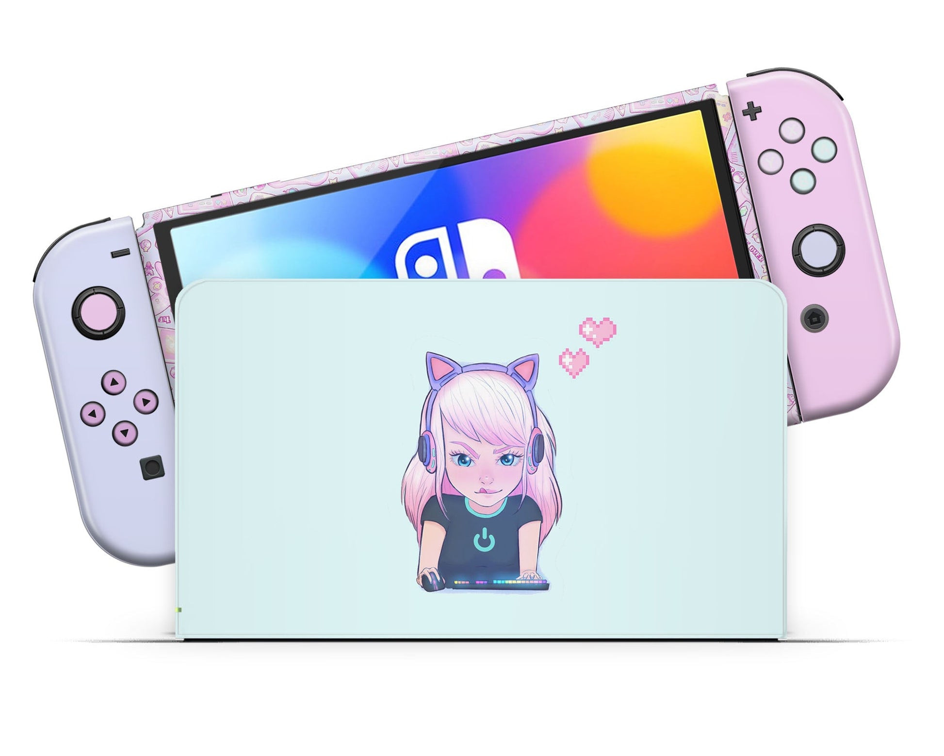 Lux Skins Nintendo Switch OLED Gamer Girl Mint Pastels Full Set Skins - Art Cute Skin