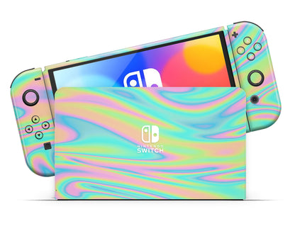 Rainbow Holographic Iridescent Swirl Nintendo Switch OLED Skin