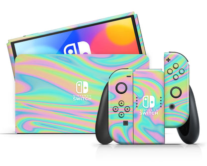 Rainbow Holographic Iridescent Swirl Nintendo Switch OLED Skin