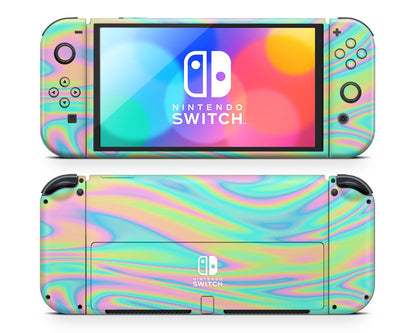 Rainbow Holographic Iridescent Swirl Nintendo Switch OLED Skin